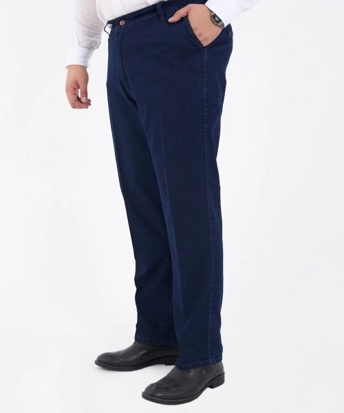 Mavi Büyük Beden Erkek Likralı Battal Yüksek Bel Kot Pantolon Rahat Kesim Jean Denim