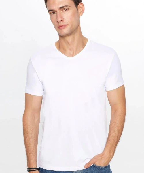 Erkek 4lü Paket Likralı Şık Pamuklu Yumuşak Dokulu Slim Fit V Yaka Basic Tişört