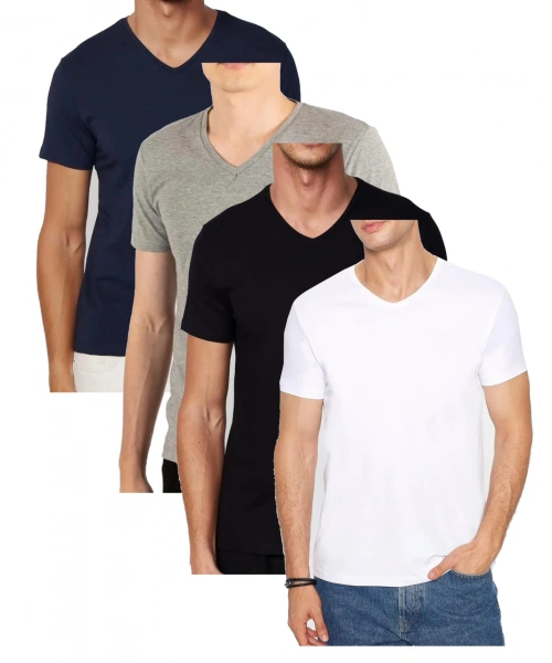 Erkek 4lü Paket Likralı Şık Pamuklu Yumuşak Dokulu Slim Fit V Yaka Basic Tişört