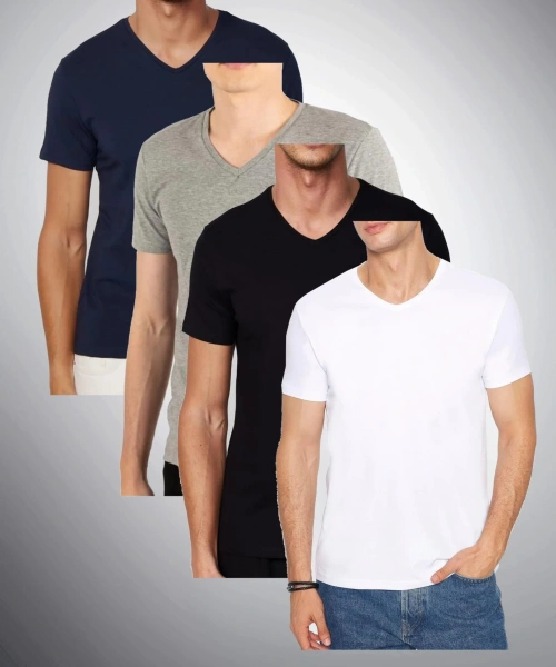 Erkek 4lü Paket Likralı Şık Pamuklu Yumuşak Dokulu Slim Fit V Yaka Basic Tişört