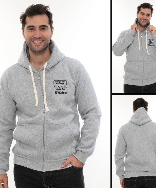 Erkek Açık Gri Standart Fit Normal Kesim Içi Polarlı Tam Fermuarlı Kapüşonlu Pamuklu Sweatshirt