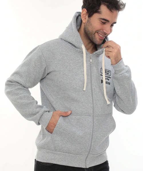 Erkek Açık Gri Standart Fit Normal Kesim Içi Polarlı Tam Fermuarlı Kapüşonlu Pamuklu Sweatshirt
