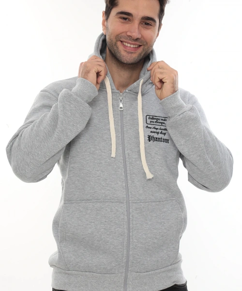 Erkek Açık Gri Standart Fit Normal Kesim Içi Polarlı Tam Fermuarlı Kapüşonlu Pamuklu Sweatshirt