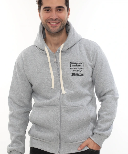 Erkek Açık Gri Standart Fit Normal Kesim Içi Polarlı Tam Fermuarlı Kapüşonlu Pamuklu Sweatshirt