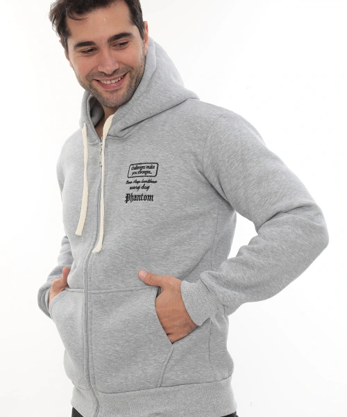 Erkek Açık Gri Standart Fit Normal Kesim Içi Polarlı Tam Fermuarlı Kapüşonlu Pamuklu Sweatshirt