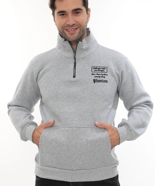 Erkek Açık Gri Standart Fit Normal Kesim Içi Polarlı Yarım Fermuarlı Dik Bato Yaka Pamuklu Sweatshirt
