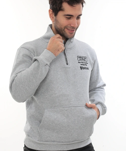 Erkek Açık Gri Standart Fit Normal Kesim Içi Polarlı Yarım Fermuarlı Dik Bato Yaka Pamuklu Sweatshirt