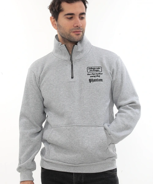 Erkek Açık Gri Standart Fit Normal Kesim Içi Polarlı Yarım Fermuarlı Dik Bato Yaka Pamuklu Sweatshirt