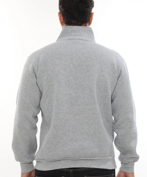 Erkek Açık Gri Standart Fit Normal Kesim Içi Polarlı Yarım Fermuarlı Dik Bato Yaka Pamuklu Sweatshirt