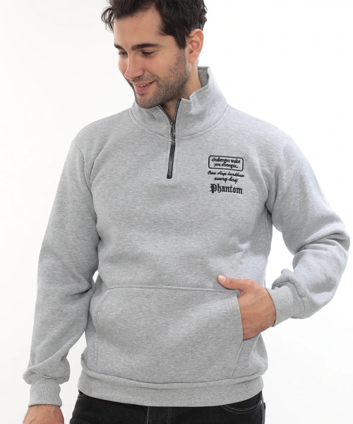 Erkek Açık Gri Standart Fit Normal Kesim Içi Polarlı Yarım Fermuarlı Dik Bato Yaka Pamuklu Sweatshirt