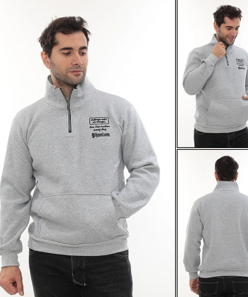 Erkek Açık Gri Standart Fit Normal Kesim Içi Polarlı Yarım Fermuarlı Dik Bato Yaka Pamuklu Sweatshirt