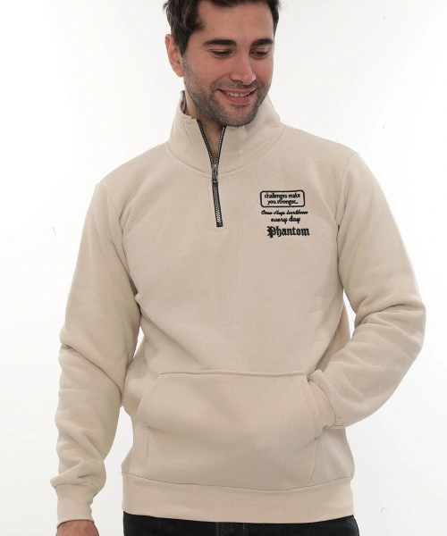 Erkek Bej Standart Fit Normal Kesim Içi Polarlı Yarım Fermuarlı Dik Bato Yaka Pamuklu Sweatshirt