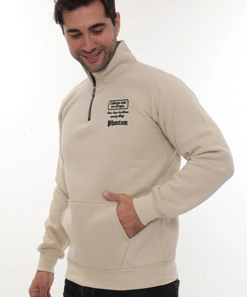 Erkek Bej Standart Fit Normal Kesim Içi Polarlı Yarım Fermuarlı Dik Bato Yaka Pamuklu Sweatshirt