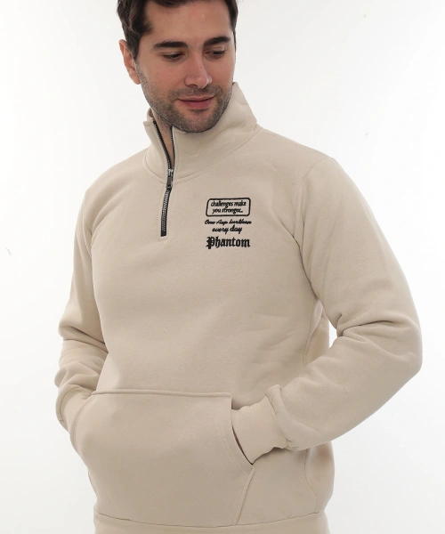 Erkek Bej Standart Fit Normal Kesim Içi Polarlı Yarım Fermuarlı Dik Bato Yaka Pamuklu Sweatshirt