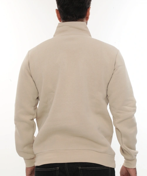 Erkek Bej Standart Fit Normal Kesim Içi Polarlı Yarım Fermuarlı Dik Bato Yaka Pamuklu Sweatshirt