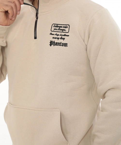 Erkek Bej Standart Fit Normal Kesim Içi Polarlı Yarım Fermuarlı Dik Bato Yaka Pamuklu Sweatshirt