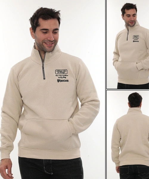 Erkek Bej Standart Fit Normal Kesim Içi Polarlı Yarım Fermuarlı Dik Bato Yaka Pamuklu Sweatshirt