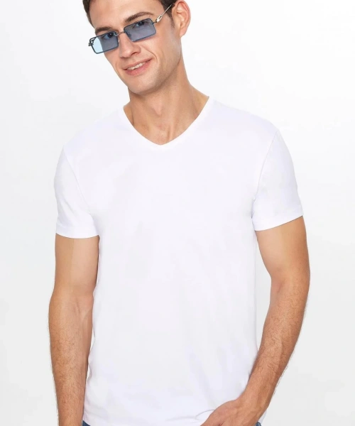 Erkek Beyaz Likralı Şık Pamuklu Yumuşak Dokulu Slim Fit Dar Kesim V Yaka Basic Tişört