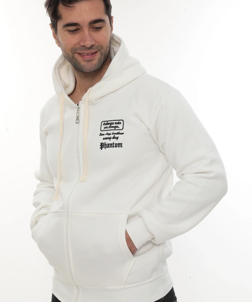 Erkek Beyaz Standart Fit Normal Kesim Içi Polarlı Tam Fermuarlı Kapüşonlu Pamuklu Sweatshirt