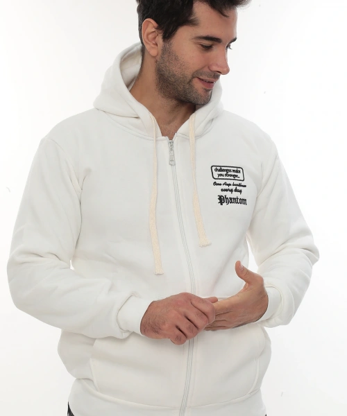 Erkek Beyaz Standart Fit Normal Kesim Içi Polarlı Tam Fermuarlı Kapüşonlu Pamuklu Sweatshirt