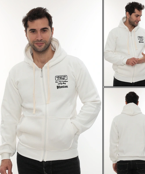 Erkek Beyaz Standart Fit Normal Kesim Içi Polarlı Tam Fermuarlı Kapüşonlu Pamuklu Sweatshirt