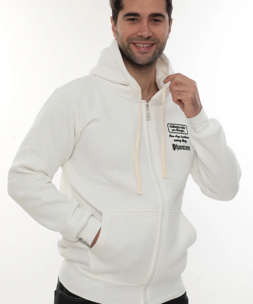 Erkek Beyaz Standart Fit Normal Kesim Içi Polarlı Tam Fermuarlı Kapüşonlu Pamuklu Sweatshirt