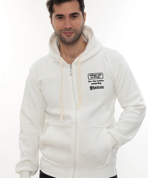 Erkek Beyaz Standart Fit Normal Kesim Içi Polarlı Tam Fermuarlı Kapüşonlu Pamuklu Sweatshirt