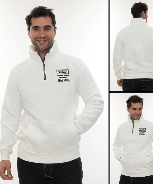 Erkek Beyaz Standart Fit Normal Kesim Içi Polarlı Yarım Fermuarlı Dik Bato Yaka Pamuklu Sweatshirt