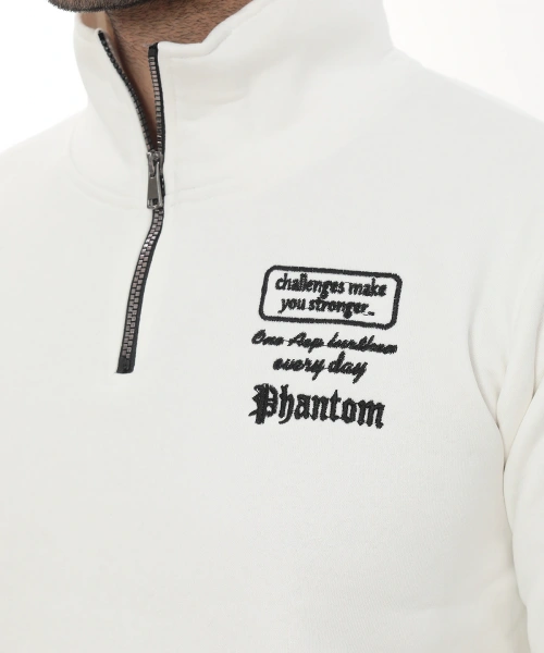 Erkek Beyaz Standart Fit Normal Kesim Içi Polarlı Yarım Fermuarlı Dik Bato Yaka Pamuklu Sweatshirt