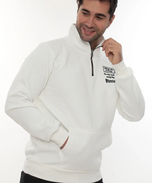 Erkek Beyaz Standart Fit Normal Kesim Içi Polarlı Yarım Fermuarlı Dik Bato Yaka Pamuklu Sweatshirt