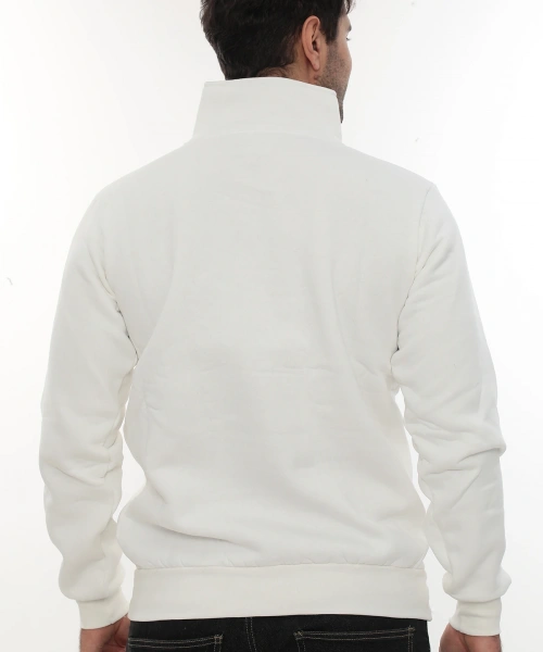 Erkek Beyaz Standart Fit Normal Kesim Içi Polarlı Yarım Fermuarlı Dik Bato Yaka Pamuklu Sweatshirt