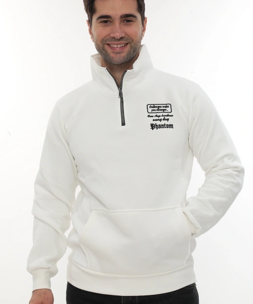 Erkek Beyaz Standart Fit Normal Kesim Içi Polarlı Yarım Fermuarlı Dik Bato Yaka Pamuklu Sweatshirt