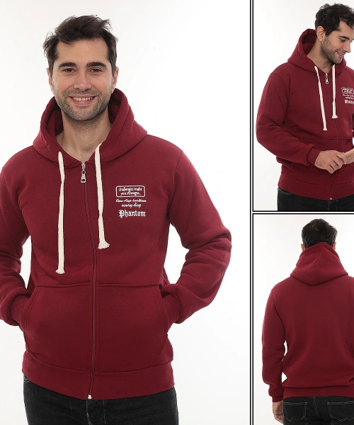 Erkek Bordo Standart Fit Normal Kesim Içi Polarlı Tam Fermuarlı Kapüşonlu Pamuklu Sweatshirt