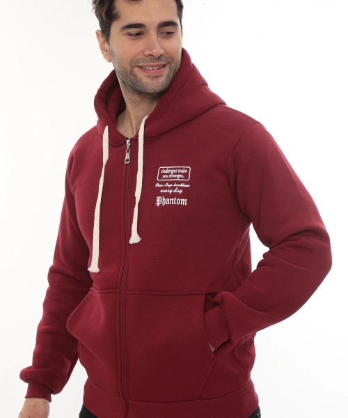 Erkek Bordo Standart Fit Normal Kesim Içi Polarlı Tam Fermuarlı Kapüşonlu Pamuklu Sweatshirt
