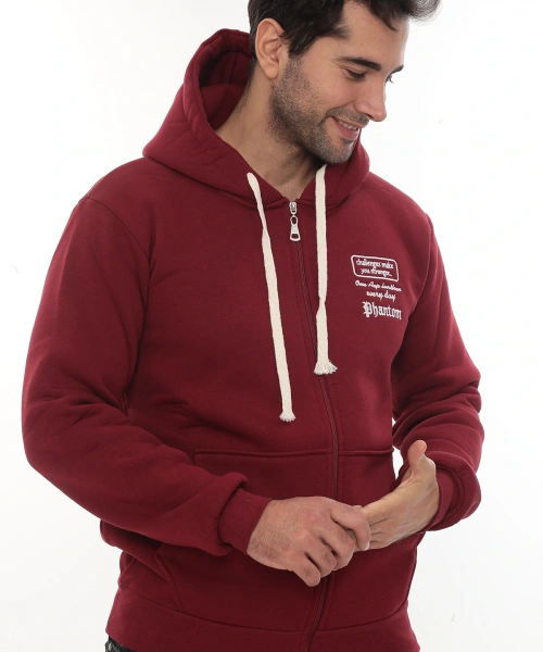 Erkek Bordo Standart Fit Normal Kesim Içi Polarlı Tam Fermuarlı Kapüşonlu Pamuklu Sweatshirt