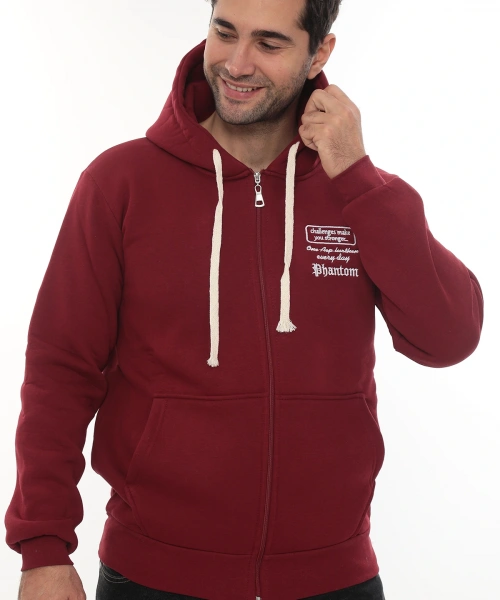 Erkek Bordo Standart Fit Normal Kesim Içi Polarlı Tam Fermuarlı Kapüşonlu Pamuklu Sweatshirt