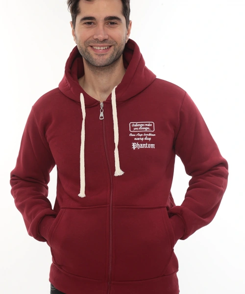 Erkek Bordo Standart Fit Normal Kesim Içi Polarlı Tam Fermuarlı Kapüşonlu Pamuklu Sweatshirt