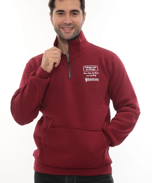 Erkek Bordo Standart Fit Normal Kesim Içi Polarlı Yarım Fermuarlı Dik Bato Yaka Pamuklu Sweatshirt