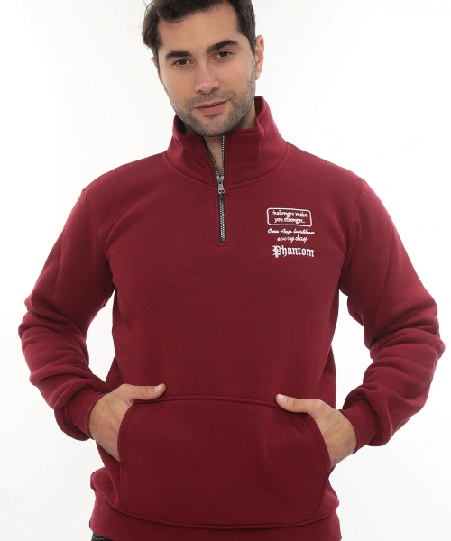 Erkek Bordo Standart Fit Normal Kesim Içi Polarlı Yarım Fermuarlı Dik Bato Yaka Pamuklu Sweatshirt