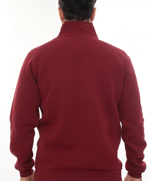 Erkek Bordo Standart Fit Normal Kesim Içi Polarlı Yarım Fermuarlı Dik Bato Yaka Pamuklu Sweatshirt