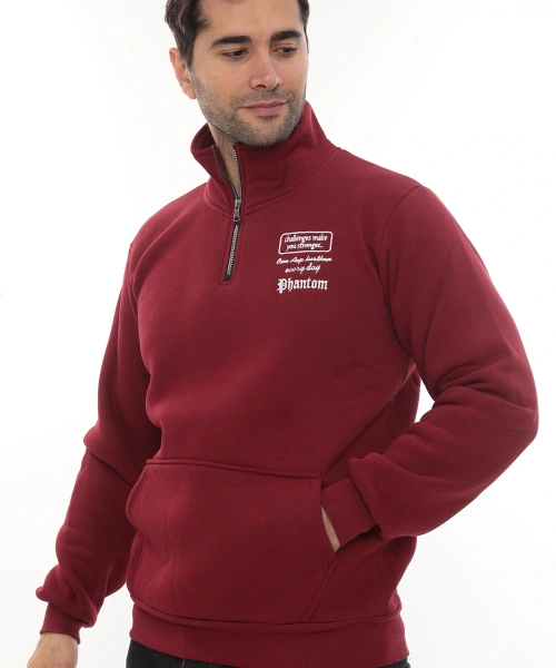 Erkek Bordo Standart Fit Normal Kesim Içi Polarlı Yarım Fermuarlı Dik Bato Yaka Pamuklu Sweatshirt