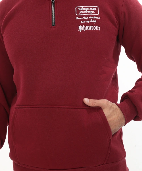Erkek Bordo Standart Fit Normal Kesim Içi Polarlı Yarım Fermuarlı Dik Bato Yaka Pamuklu Sweatshirt