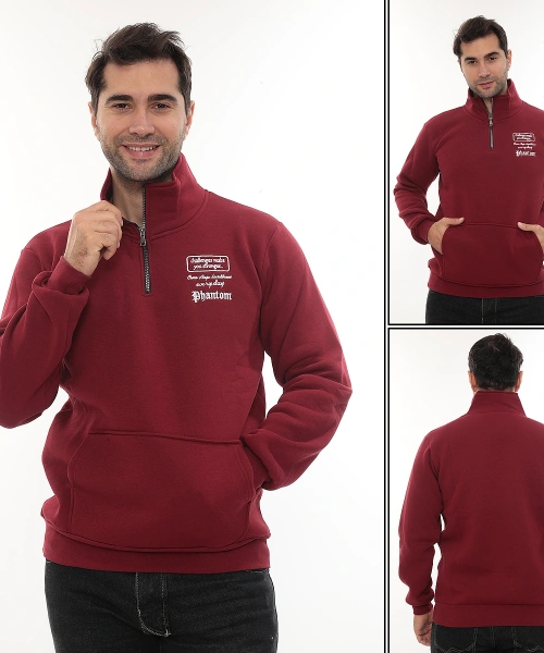 Erkek Bordo Standart Fit Normal Kesim Içi Polarlı Yarım Fermuarlı Dik Bato Yaka Pamuklu Sweatshirt