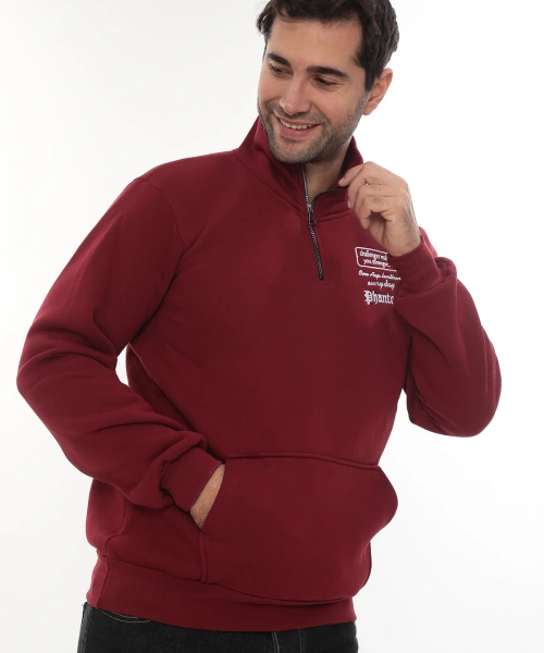 Erkek Bordo Standart Fit Normal Kesim Içi Polarlı Yarım Fermuarlı Dik Bato Yaka Pamuklu Sweatshirt