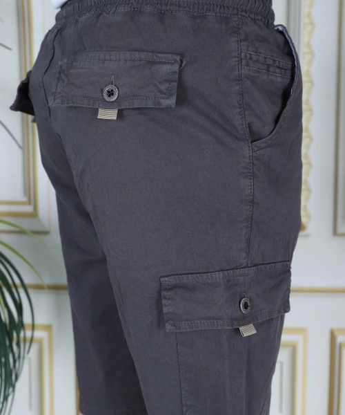 Erkek Füme Likralı Gabardin Şort Kargo Cepli Pamuklu Beli Lastikli Bağcıklı Basic Şort