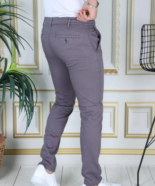 Erkek Füme Slim Fit Esnek Likralı Armürlü Keten Pantolon Bağcıklı Kemerli Beli Lastikli Şık Pantolon