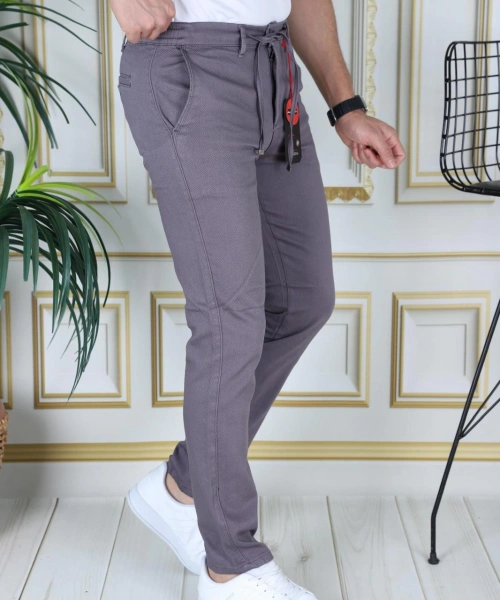 Erkek Füme Slim Fit Esnek Likralı Armürlü Keten Pantolon Bağcıklı Kemerli Beli Lastikli Şık Pantolon