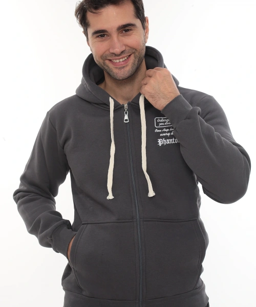 Erkek Füme Standart Fit Normal Kesim Içi Polarlı Tam Fermuarlı Kapüşonlu Pamuklu Sweatshirt