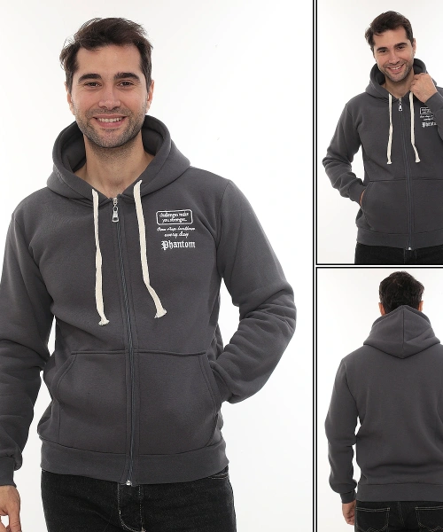 Erkek Füme Standart Fit Normal Kesim Içi Polarlı Tam Fermuarlı Kapüşonlu Pamuklu Sweatshirt