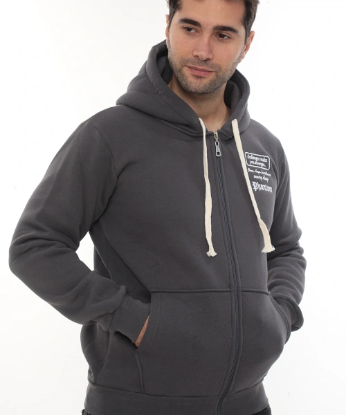 Erkek Füme Standart Fit Normal Kesim Içi Polarlı Tam Fermuarlı Kapüşonlu Pamuklu Sweatshirt